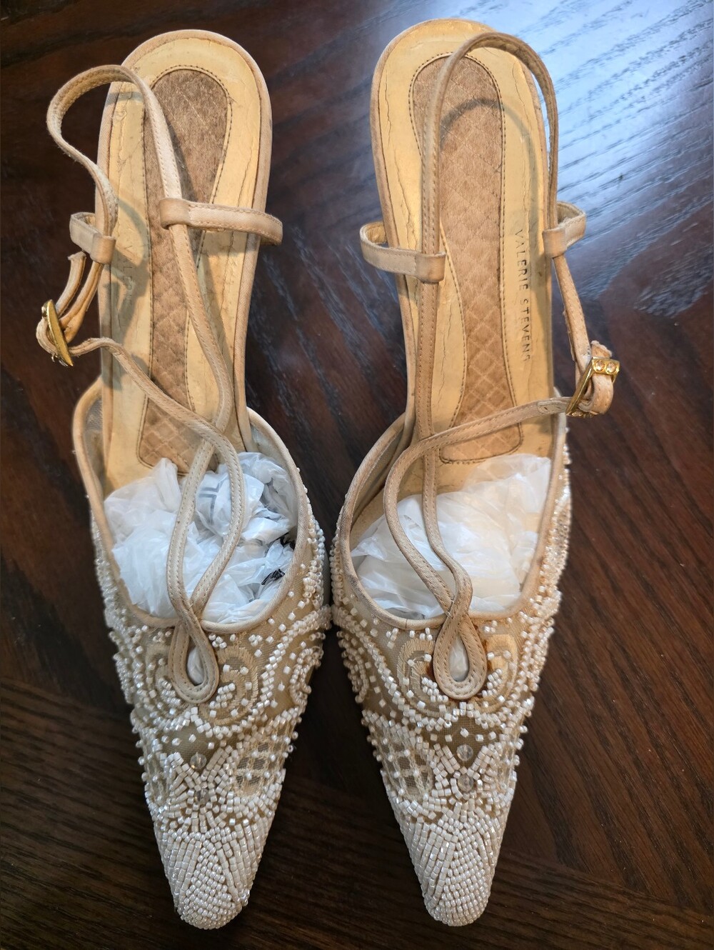 Valerie Stevens Beige Pearl-Embellished Heel